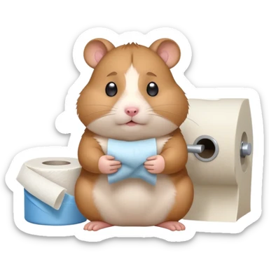 Cute chubby cartoon-style hamster sitting on toilet pooping holding toilet paper looking as if he had an accident, sticker-style illustration sticker