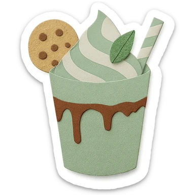 Change the milkshake to a fresh mint green and white palette, keeping the glass with chocolate drizzle, cookie on the rim, and mint leaf on top, with no background. sticker