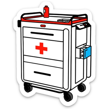 Singular Red medical crash cart is a mobile, multi-drawer unit designed to store and organize emergency medical supplies and equipment and a cardiac defibrillator on top sticker