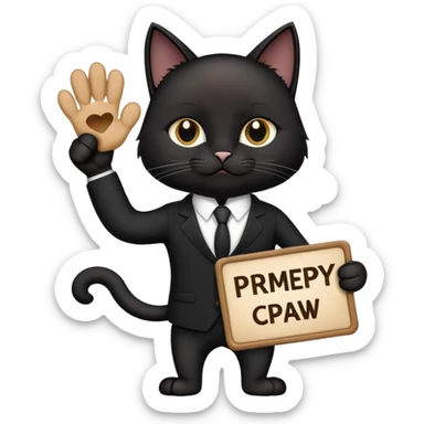 A black cat in a black business suit holds a sign with the inscription "PrimeCopy" in one paw sticker