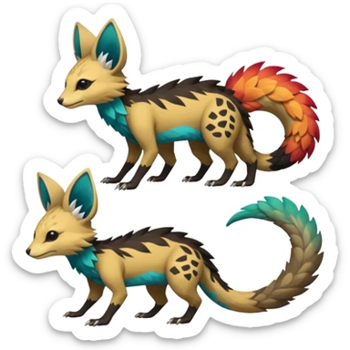 Rare realistic exotic edgy epic pretty beautiful handsome gorgeous aesthetic colorful vibrant Vernid-Trico-species-Fakemon-creature by LiLaiRa, 4 legs, 1 tail, random markings, tufted ears, (full body) sticker