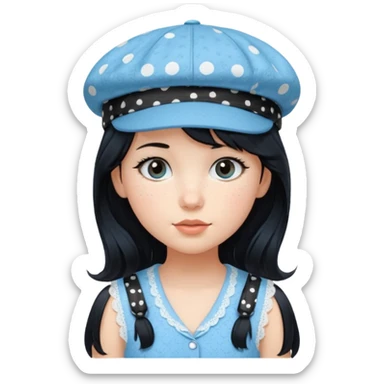 pinterst girl with heavy bang, black long hair and black pica dot newsboy cap on her hat, wearing baby blue color lace sleeveless  sticker