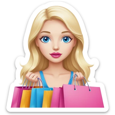 Cinematic realistic blonde with long hair, blue eyes and pink lips holds shopping bags in her hands sticker