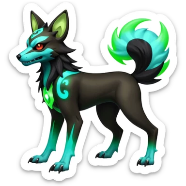 Hyper realistic demonic skeletal black and neon green futuristic shiny colorful bioluminescent cyber-Poochyena-Lycanroc-Zorua-Litten-Houndoom-Fakémon-Pokémon-Digimon-hybrid-fusion (full body) with a skull face sticker