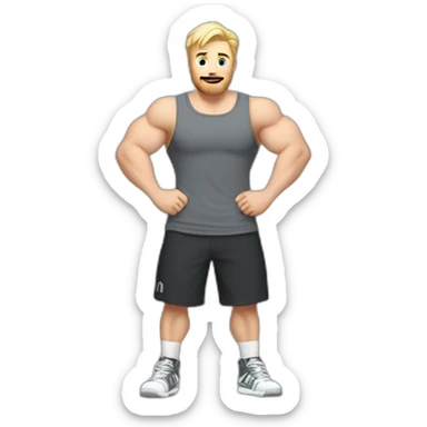 Full height Actively gesturing with hands Pale skinned fit man With the biceps and blonde hair In dark gray sleeveless mike, black oversize sports shorts, watch and white sneakers sticker