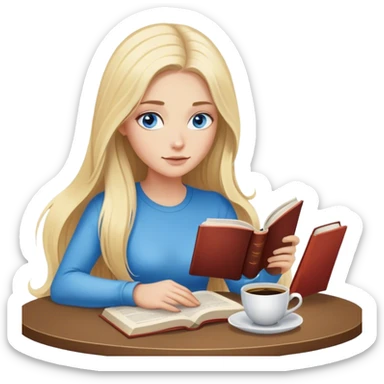 Cinematic realistic blonde with long hair and blue eyes, sitting reading a book, coffee is on the table next to her sticker