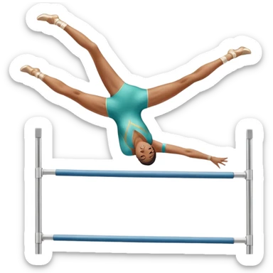 Professional gymnast performing a dynamic routine on parallel bars, captured mid-air in an elegant flip. The background features a well-lit gymnastics arena with a cheering audience. The athlete's posture and expression convey strength, control, and perfect coordination. sticker