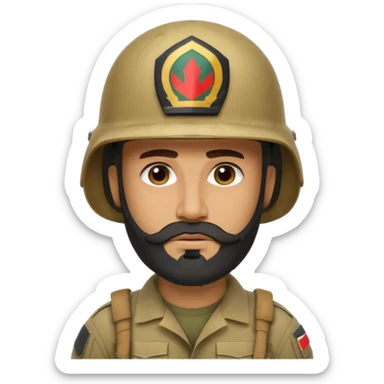 VERY TIRED, swarthy, Iraqi soldier in a helmet, helmet without insignia, with a beard sticker