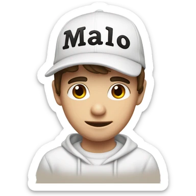 Young guy, brown hair, white sweatshirt, black cap with the inscription malo sticker