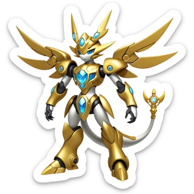Shiny Futuristic Mechanical Metal Glossy Celestial Godly Divine Fakemon-Pokemon-Digimon-Spectrobes-fusion, full body sticker