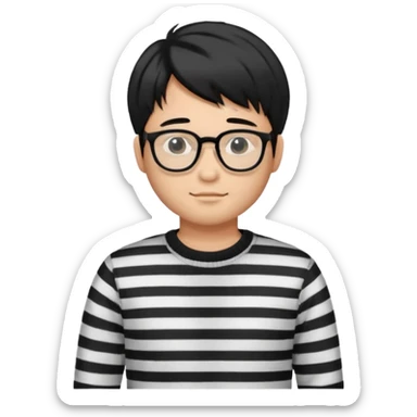 asian man with black curtains styled hair in striped sweater standing and in glasses sticker