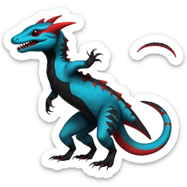 Rare realistic exotic edgy dark gothic gloomy spooky black and red/blue/cyan epic pretty beautiful handsome gorgeous aesthetic colorful vibrant Vernid-Trico-species-Fakemon-Salandit-hybrid-creature by LiLaiRa, 4 legs, 1 tail, random markings, (full body) sticker