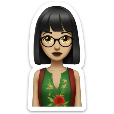 White skinny girl in a green kurta with flower design, glasses, alot of piercing, gay, red lips, nose ring, full body, short straight black edgar hair, black straight hair, front bangs sticker