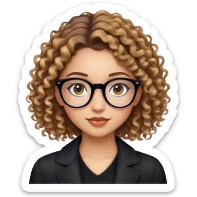 Girl with black glasses with light skin and light makeup and slight smile with brown curly hair with blond highlights in a stylish outfit  sticker