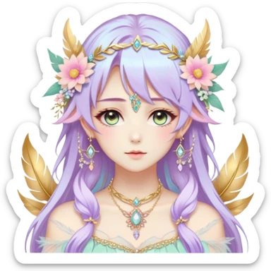 Beautiful gorgeous anime lady with beautiful pastel-special-hair, fashion aesthetic, ethereal, fairycore, pastelcore, feather, flower, crystals, accessories, gold jewelries, gold, colorful, gold laurel, gold halo, sticker