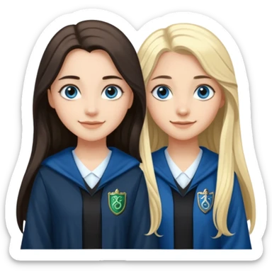 a pretty ravenclaw girl with long dark brown hair and blue eyes standing with a pretty Slytherin girl with long blonde hair, blue eyes sticker