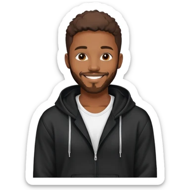 African yound man in his late 20s with a  bright smile with a short boxed beard, and a low cut hair, looking like davido the musician black hoody sticker