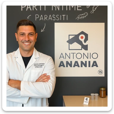 Modify the scene by writing clearly 'parti intime' in Italian on the blackboard behind the doctor. Indicate the presence of parasites with arrows or stylized drawings. Keep the doctor's face similar to the person in the photo, in a realistic, educational, and respectful style. sticker