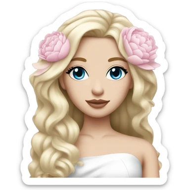 White bride with long light blonde hair and blue eyes with light pink peonies in hair white skin light pink lips sticker