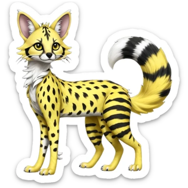 Edgy cool beautiful elegant spotted hype-realistic, black-maned, vibrant yellow Genet-Serval-Sergal-Margay-Fox-fusion-hybrid-furry-fursona, tall long body, long muzzle snout, full body, with a long puffy fluffy black-and-white-striped tail, black long big ears, with natural blue eyes sticker