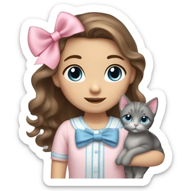 A Girl with long wavy brown hair, with grey-blue eyes, has a light pink bow on hair, and coquette clothes. She is holding a grey cat, which has a pink bow too. sticker