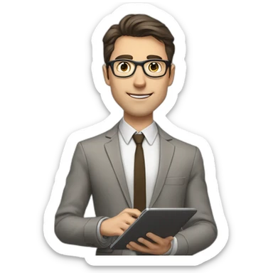 Pale skinned fit man with dark brown hair in gray jacket, beige office shirt, brown tie, brown pants and vintage glasses Writing on the tablet sticker