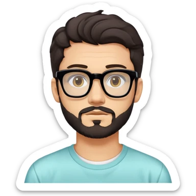 young adult man with light skin, short beard, dark wavy hair, relaxed expression, very wide rectangular glasses with thick black acetate frame and thick double bridge, retro oversized style, colorful open shirt and white t-shirt sticker