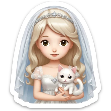 Very dreamy-beautiful-fashionable and elegant-wearing a wedding dress-with a veil-woman-holding a kitten-shiny-ladylike-soft style-kawaii-beautiful-hair-fairy style- sticker
