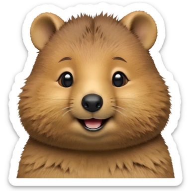 cinematic-realistic quokka-emoji,-small-round-frame, head tilted in an endearing manner, comical smile, round cheeks, giant-fluffy-cheeks-large-smile-fluffy-brown-fur-radiating-a-warm-softness,-big-round-eyes-filled-with-joy, realisticround  fluffy zoomed in, large black eyes sticker