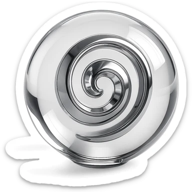 clear sphere with a reflective chrome spiral at its center, emitting a faint glow, chrome style sticker
