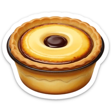 Create an emoji-style illustration of a Portuguese Pastel de Nata. It should be a small, individual custard tart with a flaky, layered puff-pastry crust and a glossy yellow custard center with dark caramelized spots on top. Do NOT make a full pie or slice only a single small tart sticker