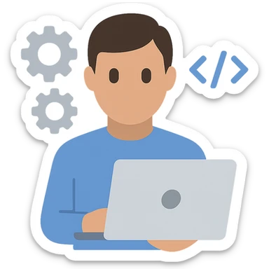 icon of a software engineer holding a laptop, surrounded by gears and code brackets, flat color style sticker