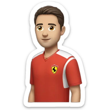 a young white man with no beard and very short dark hair and brown eyes in a red ferrari jersey sticker