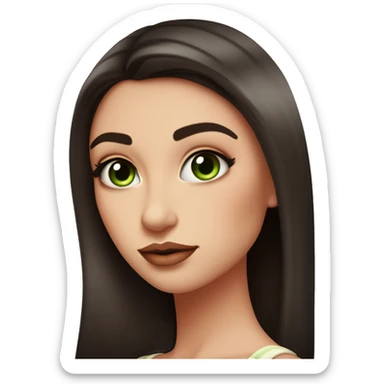 beautiful girl with high cheek bones orange blush, long straight shiny dark brown hair, big green eyes and big pale pink lips. Long thick eyelashes. Wearing a cream bustier.  She is smirking sticker