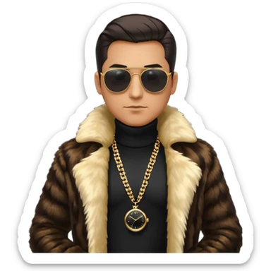 bearded man with slicked back hair, wearing dark sunglasses, a luxurious fur coat over a black turtleneck, gold chains and a watch, minimalist flat design, glossy Apple emoji style, simple facial features, centered full-body icon on white background sticker