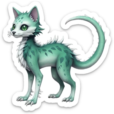Scaley Kawaii spectral spooky dark bleak blackish swampy white-skeletal gloomy ghostly dark greyish dark-deep-greenish foggy eldritch beautiful realistic edgy fantasy ghoul-like stitched feline-vernid-sergal-fursona animal creature with a tufted tail full body with intricate markings  sticker