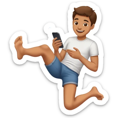 Looking at phone giggling with feet behind kicking sticker
