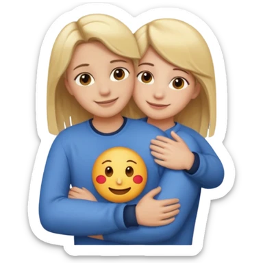 a girl with blonde hair and brown eyes hugging a boy with brown hair and brown eyes, both smiling, emoji style sticker