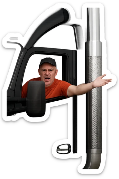 Zoom in closer on the cab of the truck. Make the person in the truck look angry, bald, wearing an orange shirt and a baseball cap. Keep the truck black with a chrome stack. Maintain a transparent background. sticker