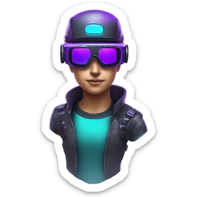 Secret human agent in a futuristic hat with in Apple VR goggles headset code display on the goggles , cyberpunk, cyan and purple colors, only upper body portrait, front facing the camera  sticker