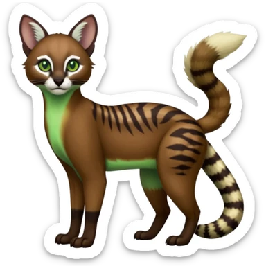 Colorful dark chocolate-brown tropical beige, white fur, with green eyes, iridescent glorious divine exotic cute cool beautiful shiny beautiful fantasy-caracal-civet-genet-sergal-vernid-Cacomistle-oncilla-animal-Fakémon-hybrid-fursona with pattern markings (full body) sticker