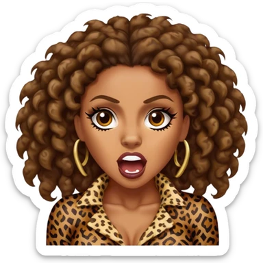Melanie Brown with brown curls wearing leopard print and growling sticker