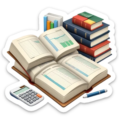 Icon for Business Reading: an open book with graphs, numbers, percentages, formulas, and text on the pages, next to a stack of books, a pile of dollars, a calculator and business magazines like Forbes. Transparent background. sticker