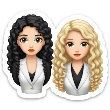 Make stickers of two beautiful girls. One is wearing a black suit and the other is wearing a white dress. Both have long hair, but one has curly hair. The girl with curly hair has eye makeup. sticker