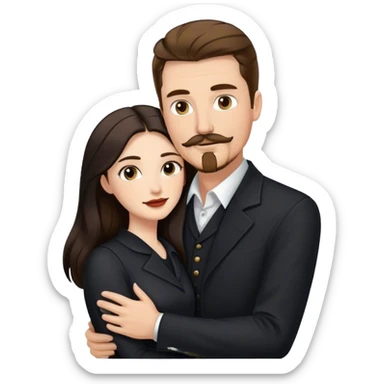 tall white man with brown hair goatee mustache embracing a pale woman with long black hair, wearing elegant clothing, standing portrait sticker