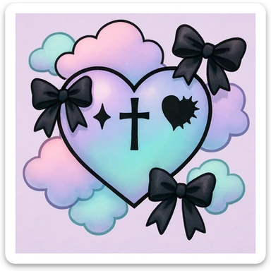 pastel goth heart with pastel clouds and black bows sticker