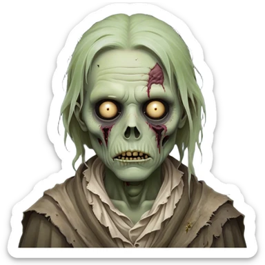 Cinematic Noble Zombie Portrait Emoji, Surprisingly dignified and somber, with a decaying yet strangely regal visage in ashen grays and muted tones, draped in tattered attire hinting at a lost grandeur, simplified yet meticulously detailed, glowing with a soft, eerie radiance and a gentle outline that evokes the tragic nobility of the undead! sticker
