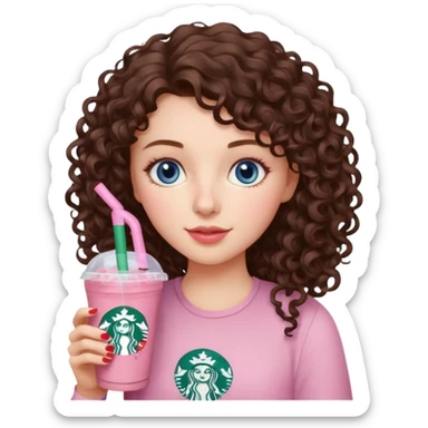 make an emoji of a loose curly brunette, blue-eye girl, wearing light pink drinking a strawberry acai refresher from starbucks sticker