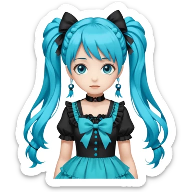 anime-style female character with bright turquoise hair styled in twin tails and matching blue eyes. Her outfit is a frilly turquoise and black dress in a Lolita-esque style, heavily contrasted with black ribbons and trim. A key detail is the prominent "AWP" logo printed in black on the chest, sticker