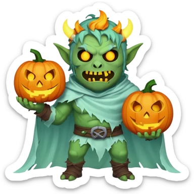male orc warrior ghost emoji, green skin, tusks, wearing torn white ghost sheet costume, holding glowing jack-o'-lantern, faint blue aura, friendly but spooky expression, Halloween fantasy theme, Apple emoji style, clean white background, square sticker